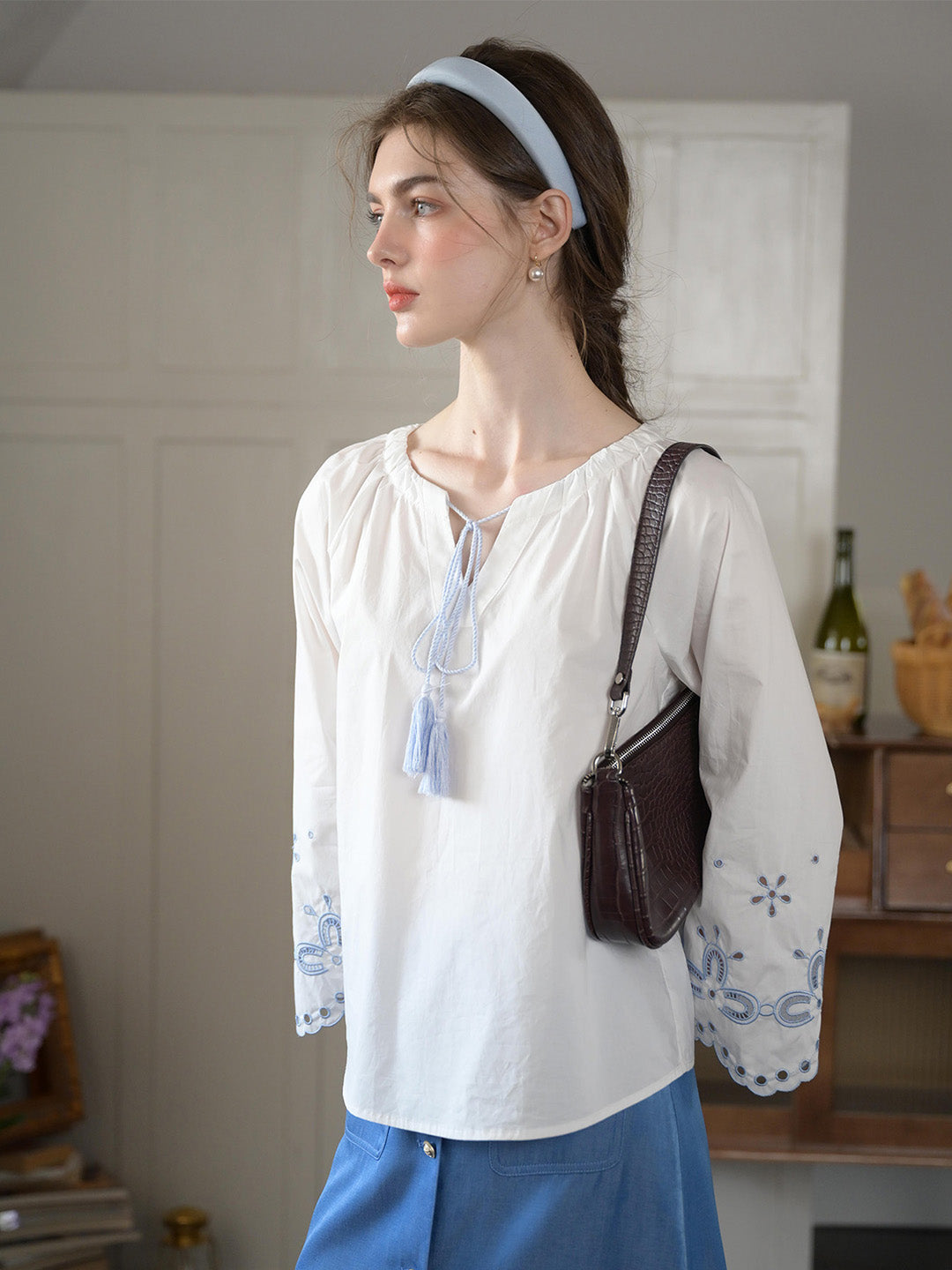 Regina Fringed Tie Round Neck Hollow Embroidered Blouse