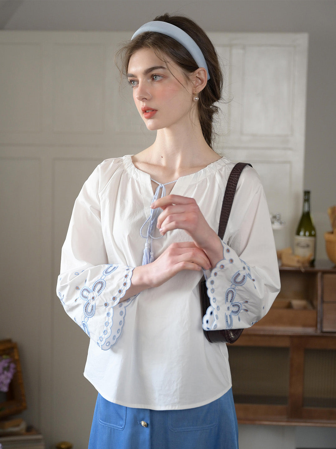 Regina Fringed Tie Round Neck Hollow Embroidered Blouse