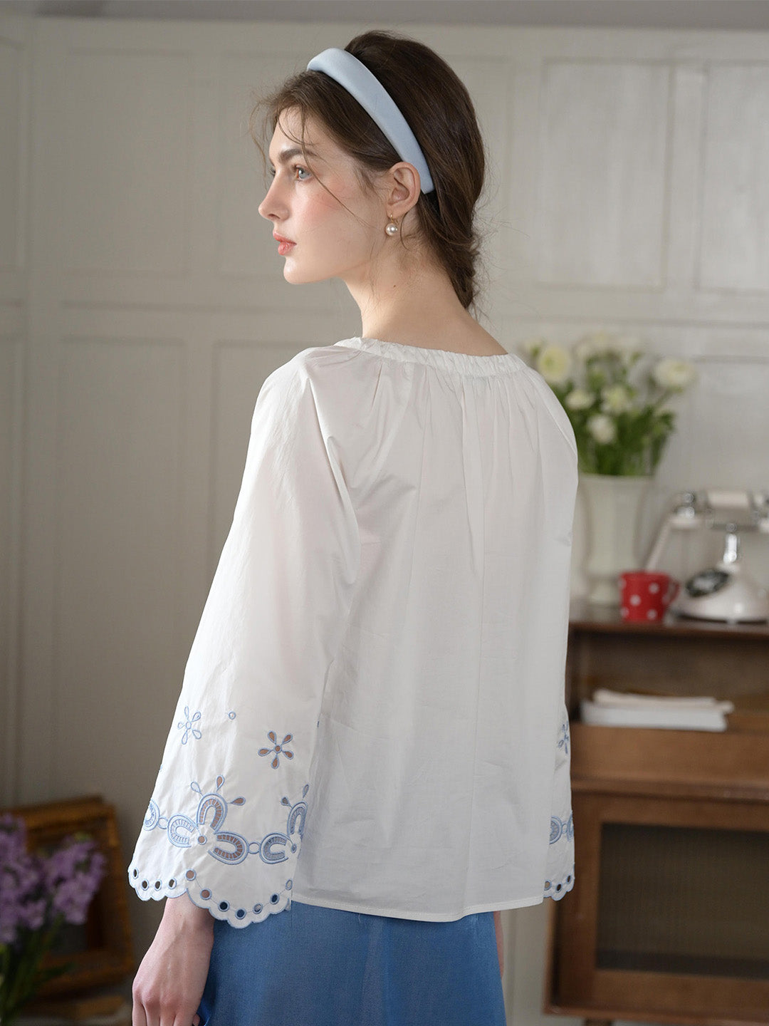 Regina Fringed Tie Round Neck Hollow Embroidered Blouse