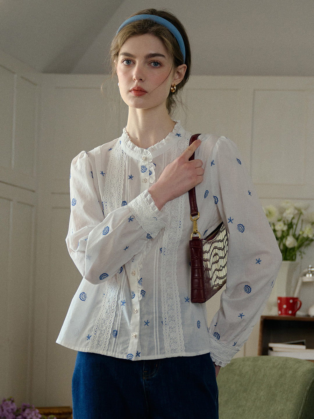 Madison Lace Paneled Button Front Cotton Blouse