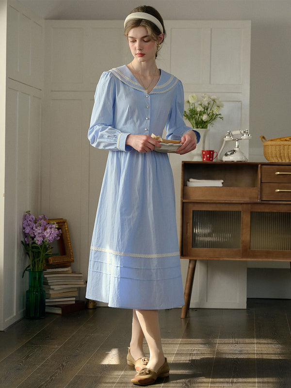 Adelynn Elegant Lapel Lace Contrast Cotton Dress