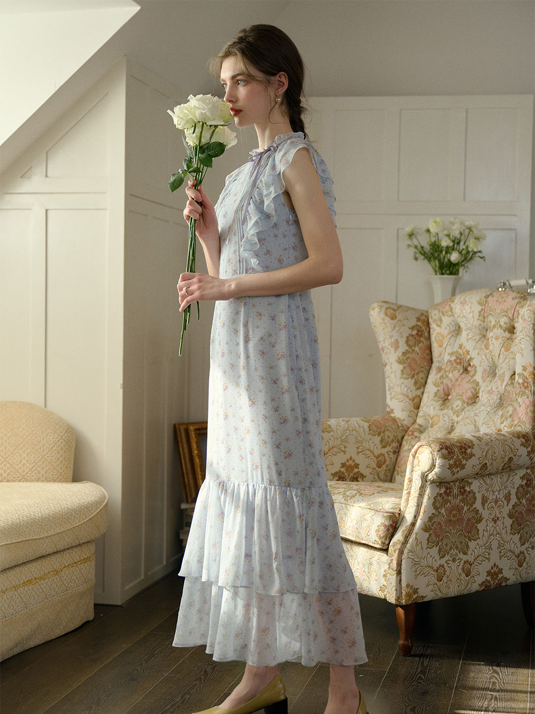 【Final Sale】Malani Floral Printed Flutter Sleeve Mermaid Hem Maxi Dress