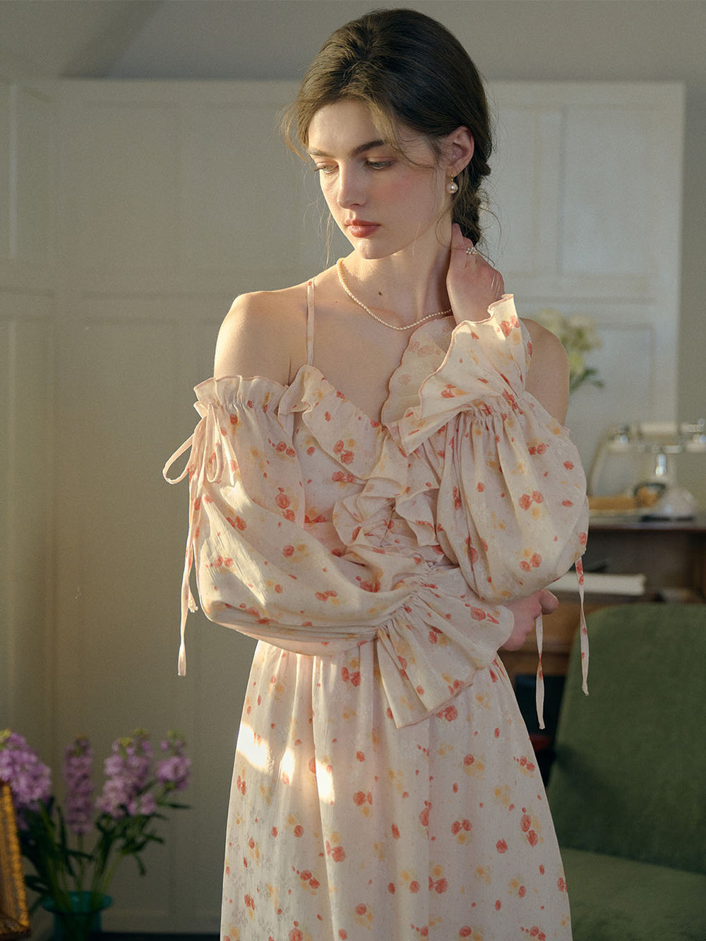LU.EL DRESS LINEN MIDI STRAP SHOULDER WITH DROP RUFFLE SL82103 SHADOW