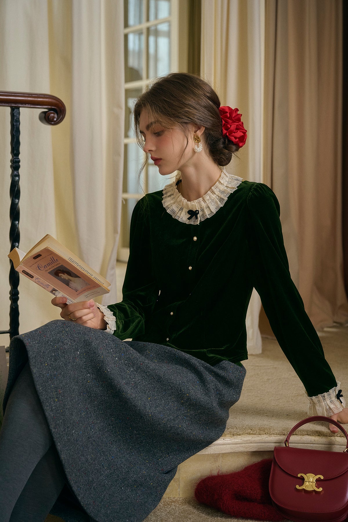 Azaria Round Collar Contrasting Lace Panel Bow Velvet Top