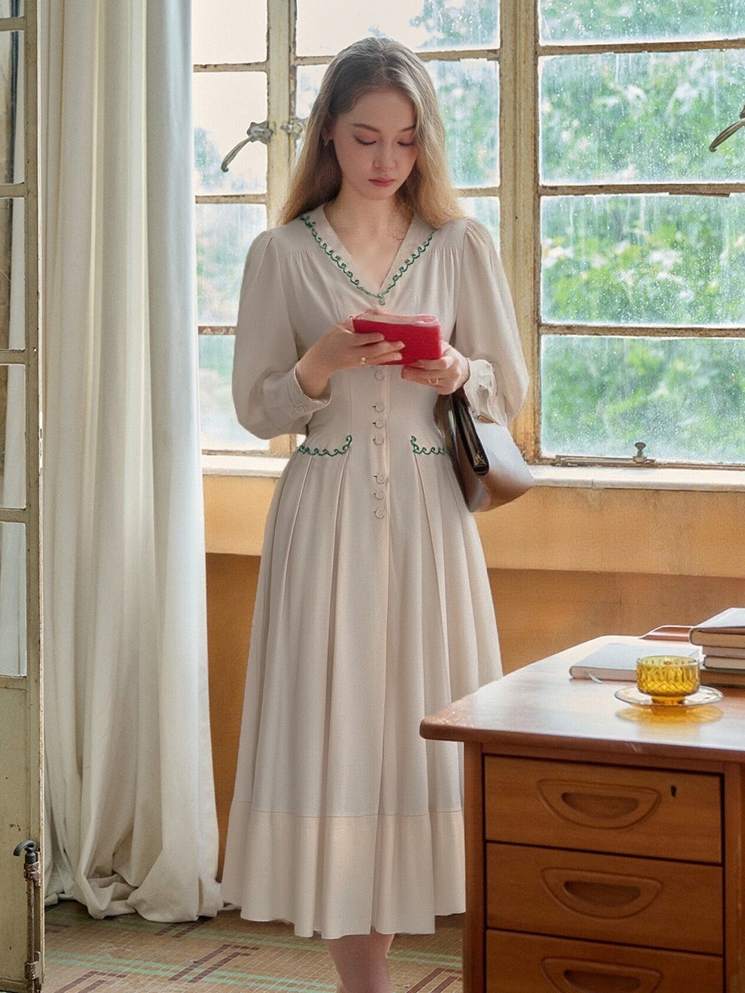 Linda V-Neck Embroidered Dress