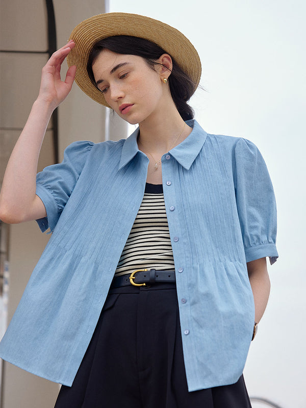 Ashlyn Elegant Blue Puff Sleeve Cotton Blouse