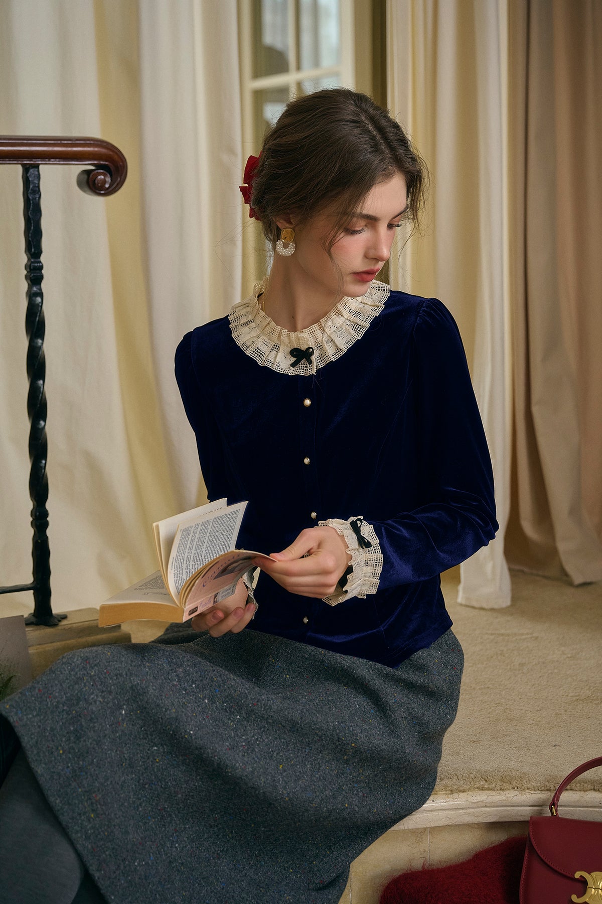 Azaria Round Collar Contrasting Lace Panel Bow Velvet Top