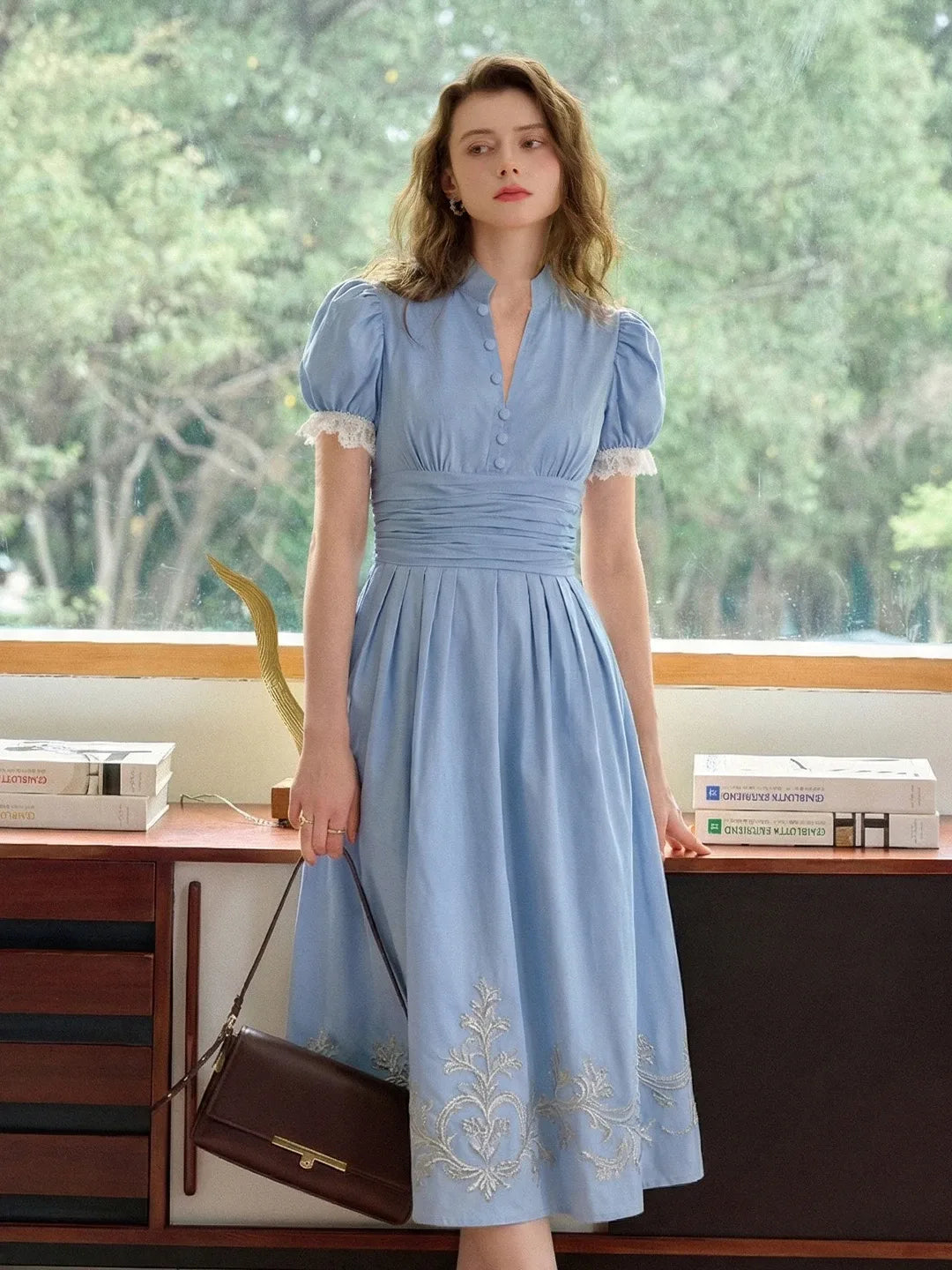 Ocean V-Neck Puff Sleeves Dress