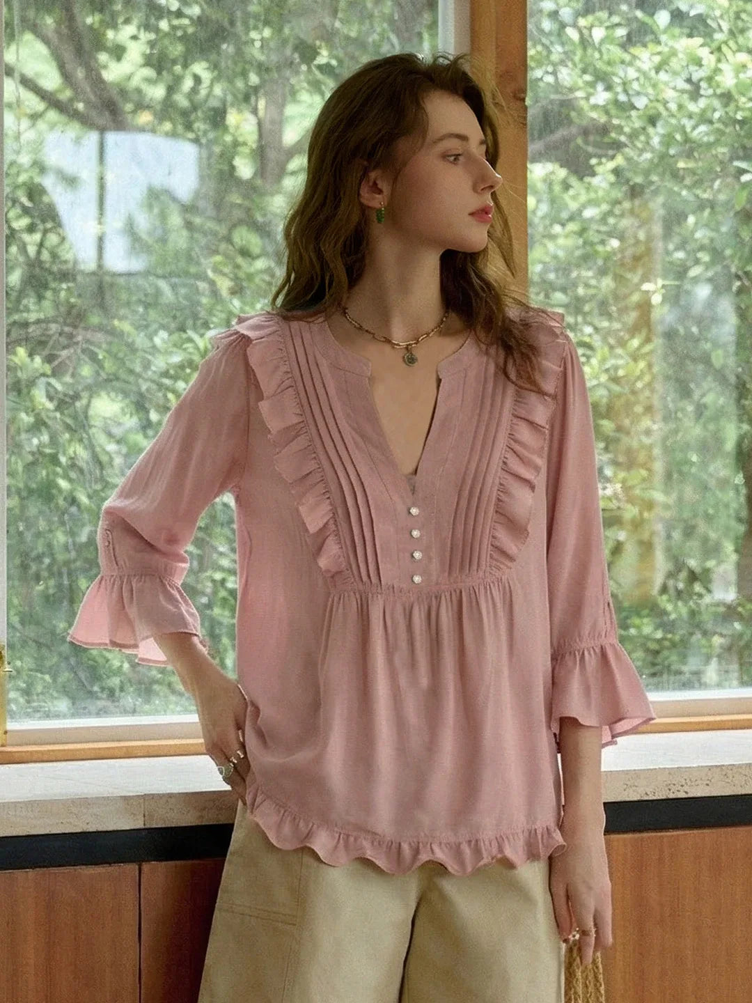 Iliana V-Neck Accordion Pleats Blouse