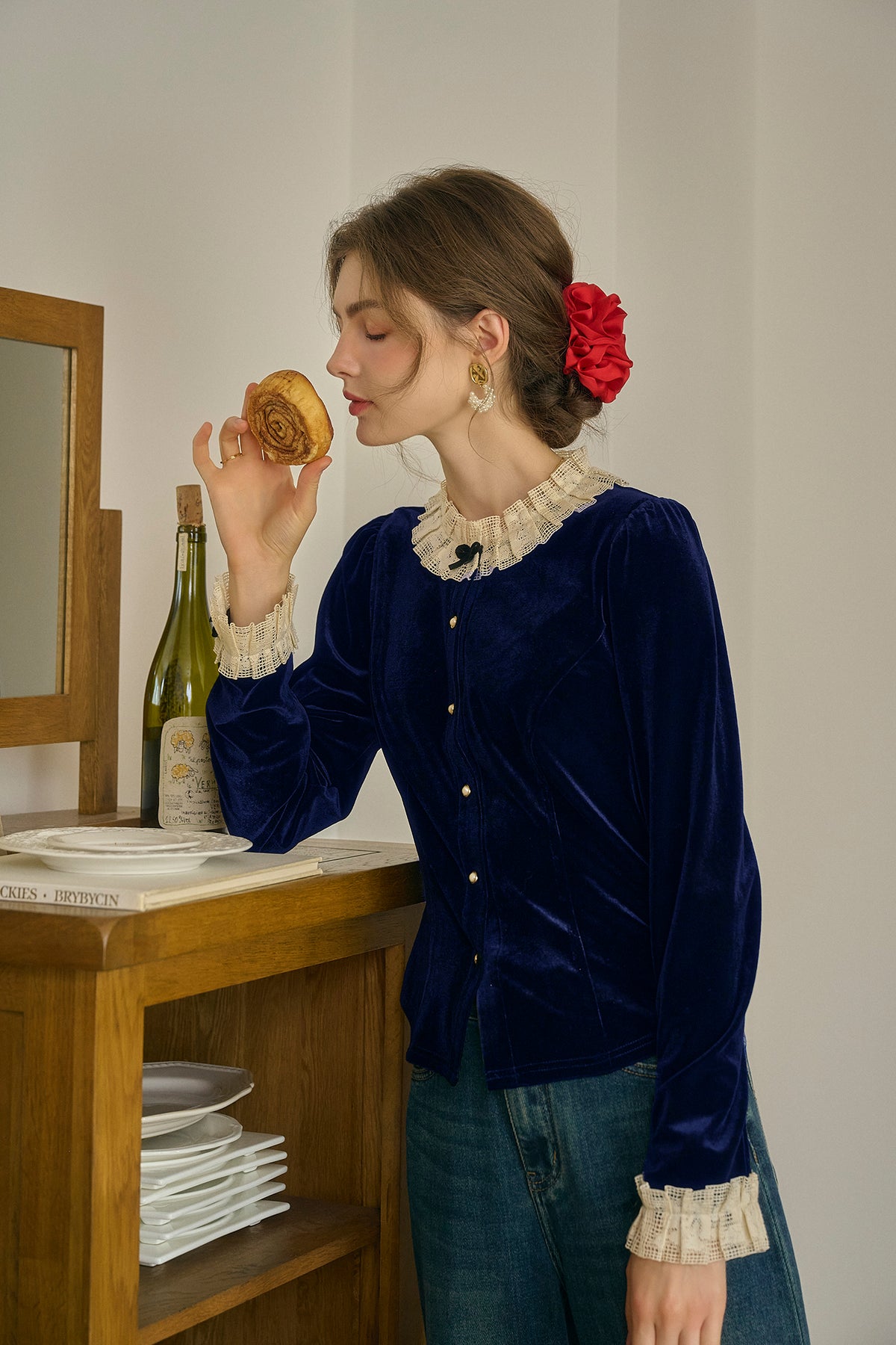 Azaria Round Collar Contrasting Lace Panel Bow Velvet Top