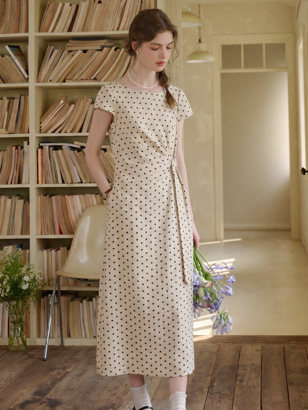 Hebe Round Neck Polka Dot Linen Dress