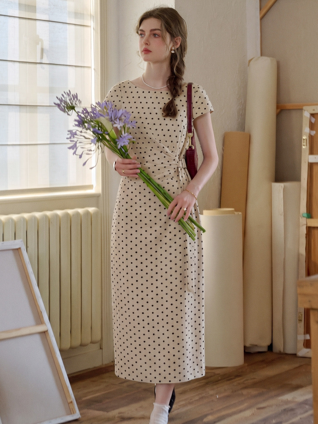 Hebe Round Neck Polka Dot Linen Dress