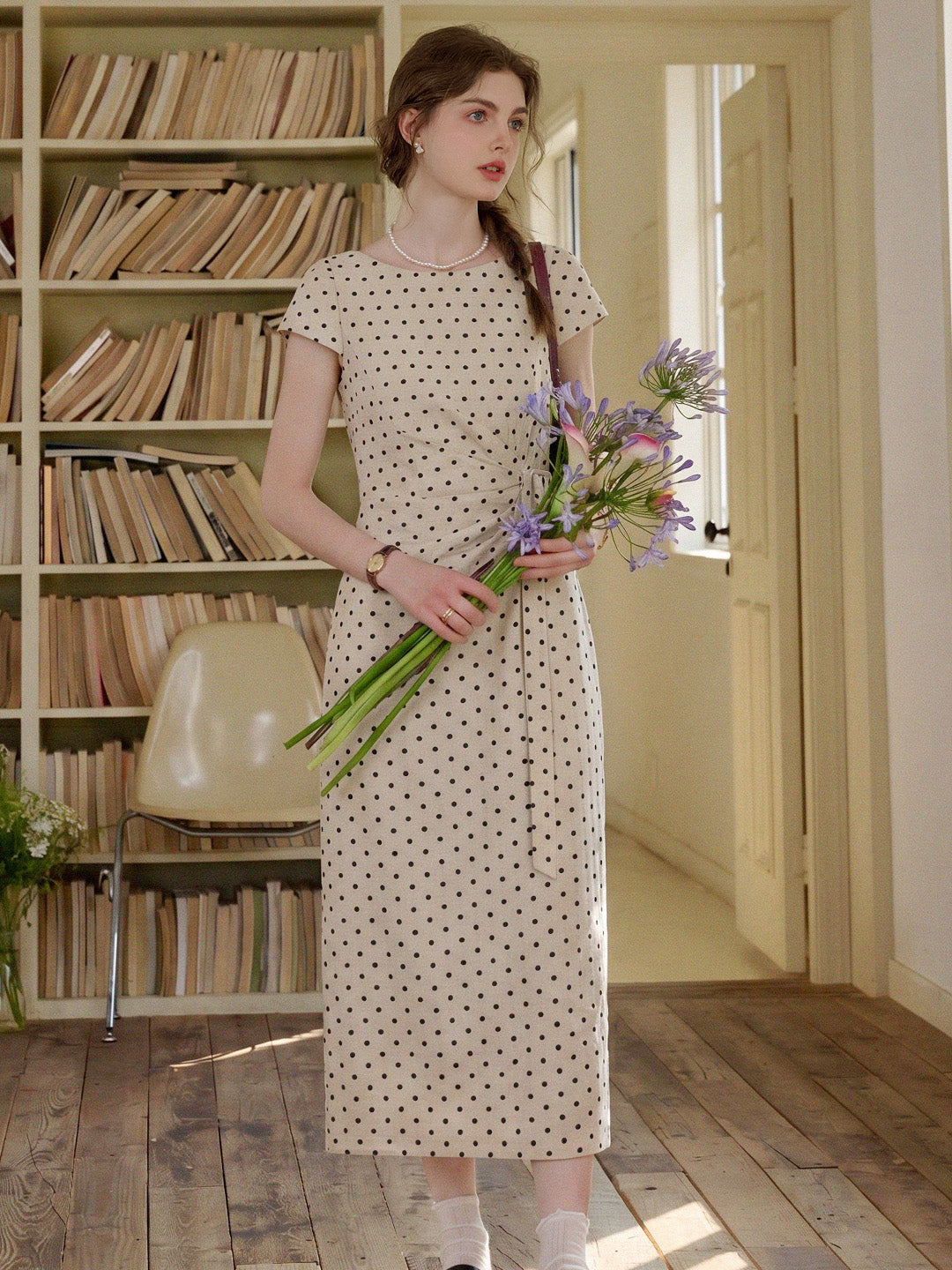 Hebe Round Neck Polka Dot Linen Dress
