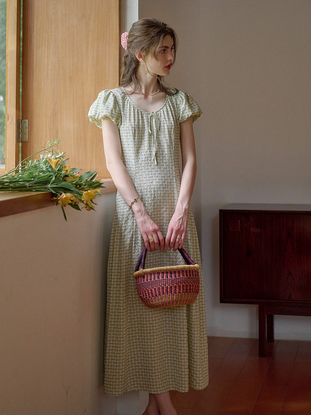 Willow Round Neck Plaid Puff Sleeve Viscose Dress - Yellow