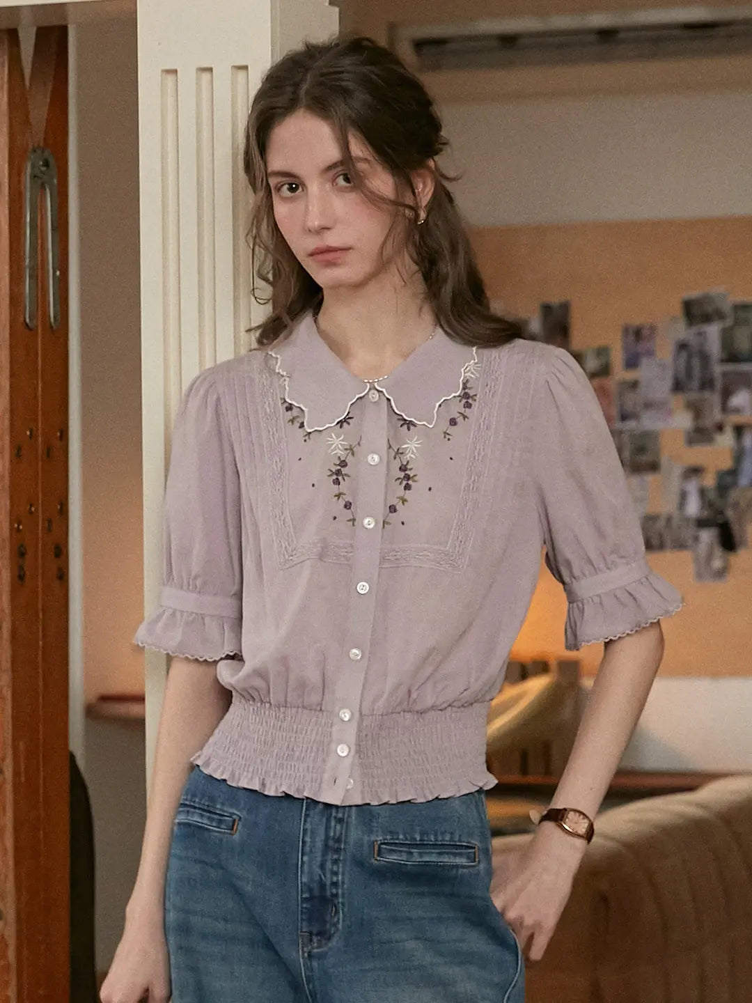 Sarahi Peter Pan Collar Embroidered Linen Blouse