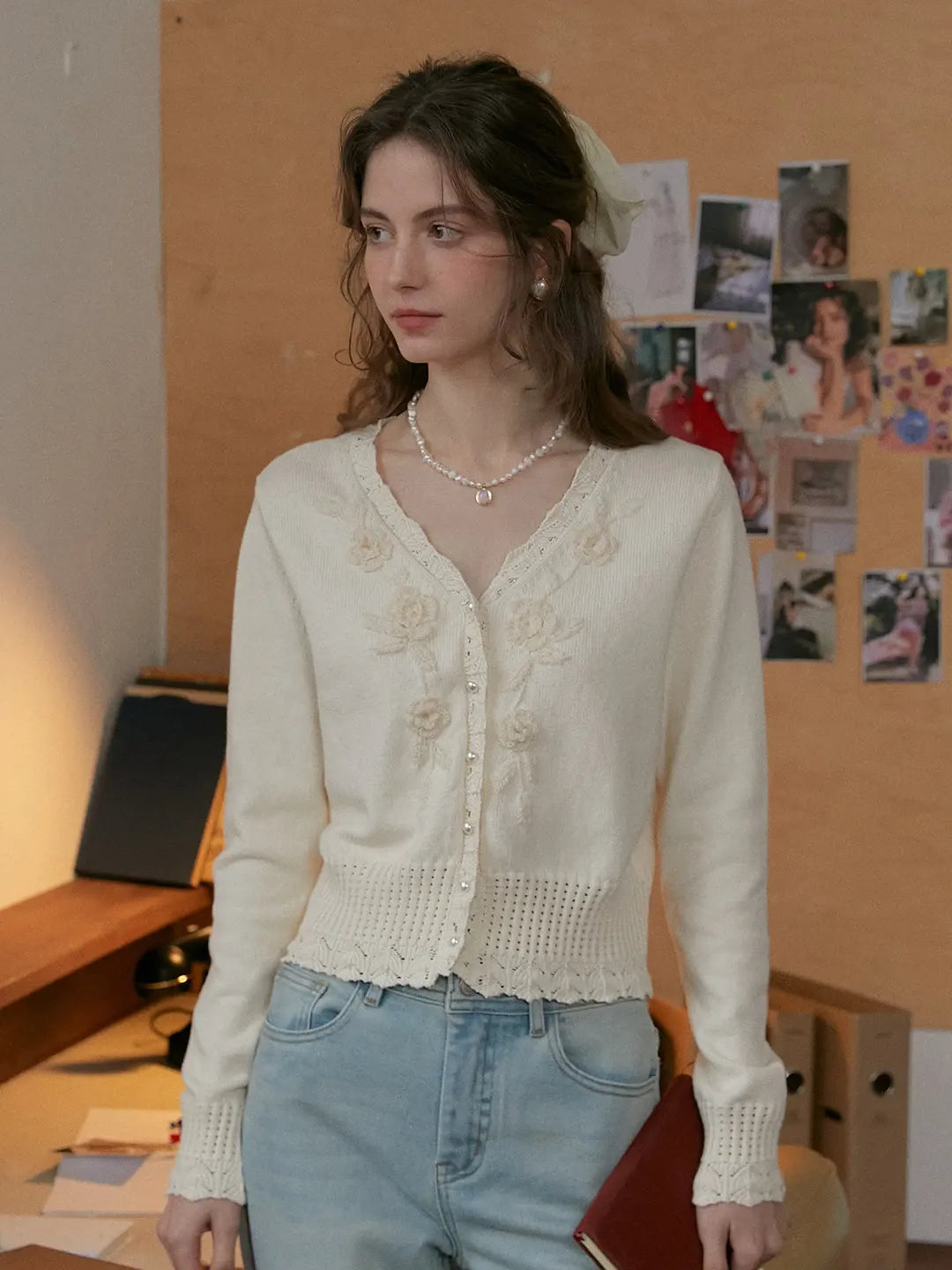 Eleanora V-Neck 3D Rose Cardigan