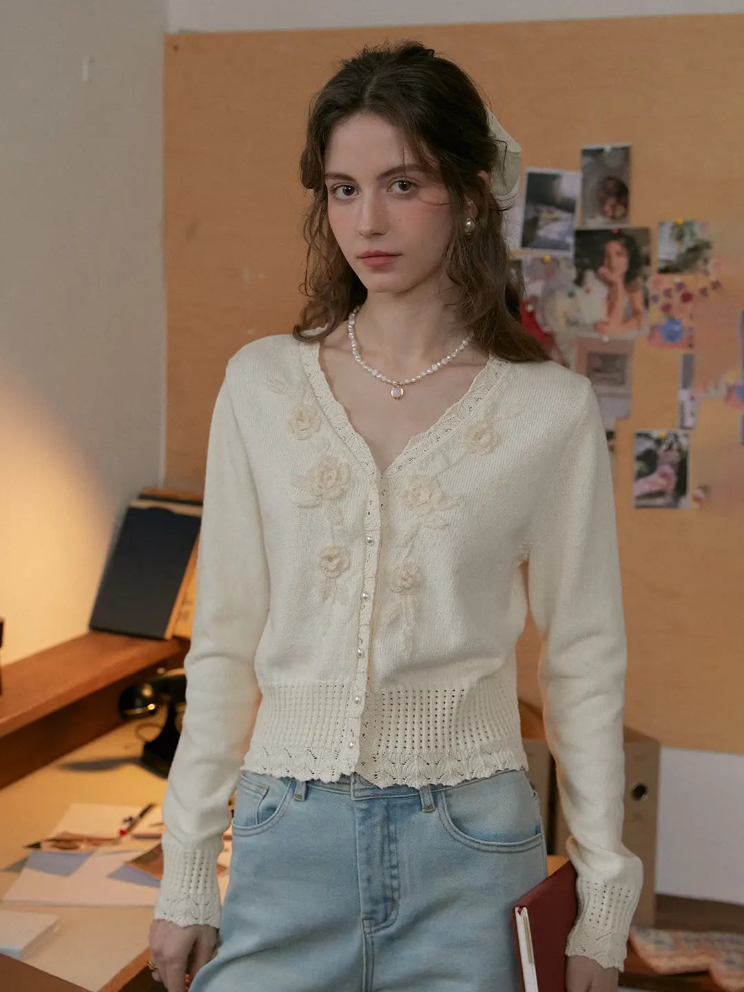 Eleanora V-Neck 3D Rose Cardigan