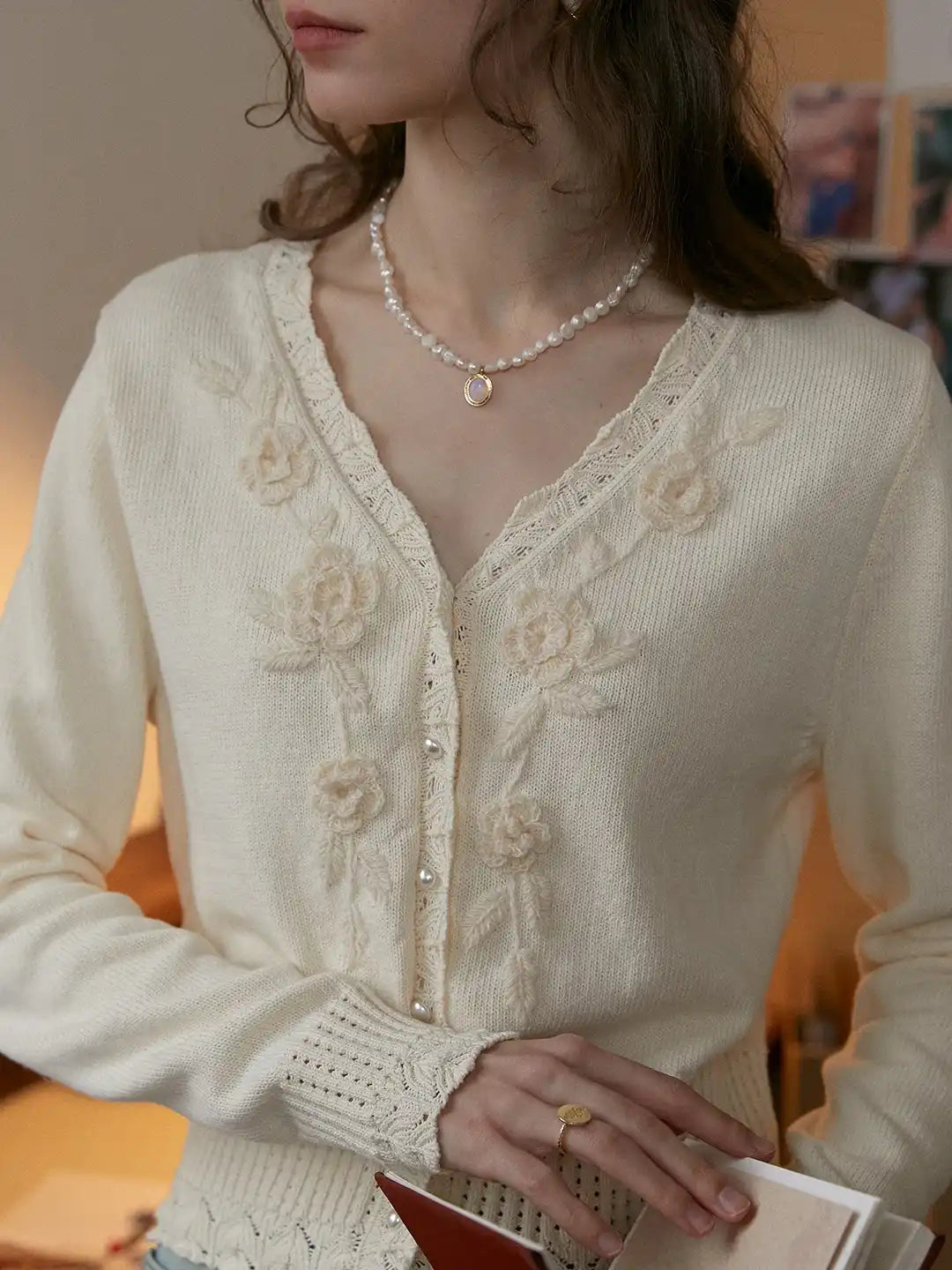 Eleanora V-Neck 3D Rose Cardigan