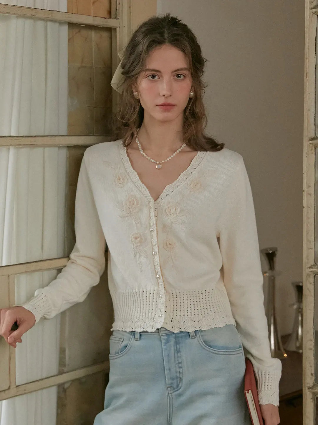 Eleanora V-Neck 3D Rose Cardigan