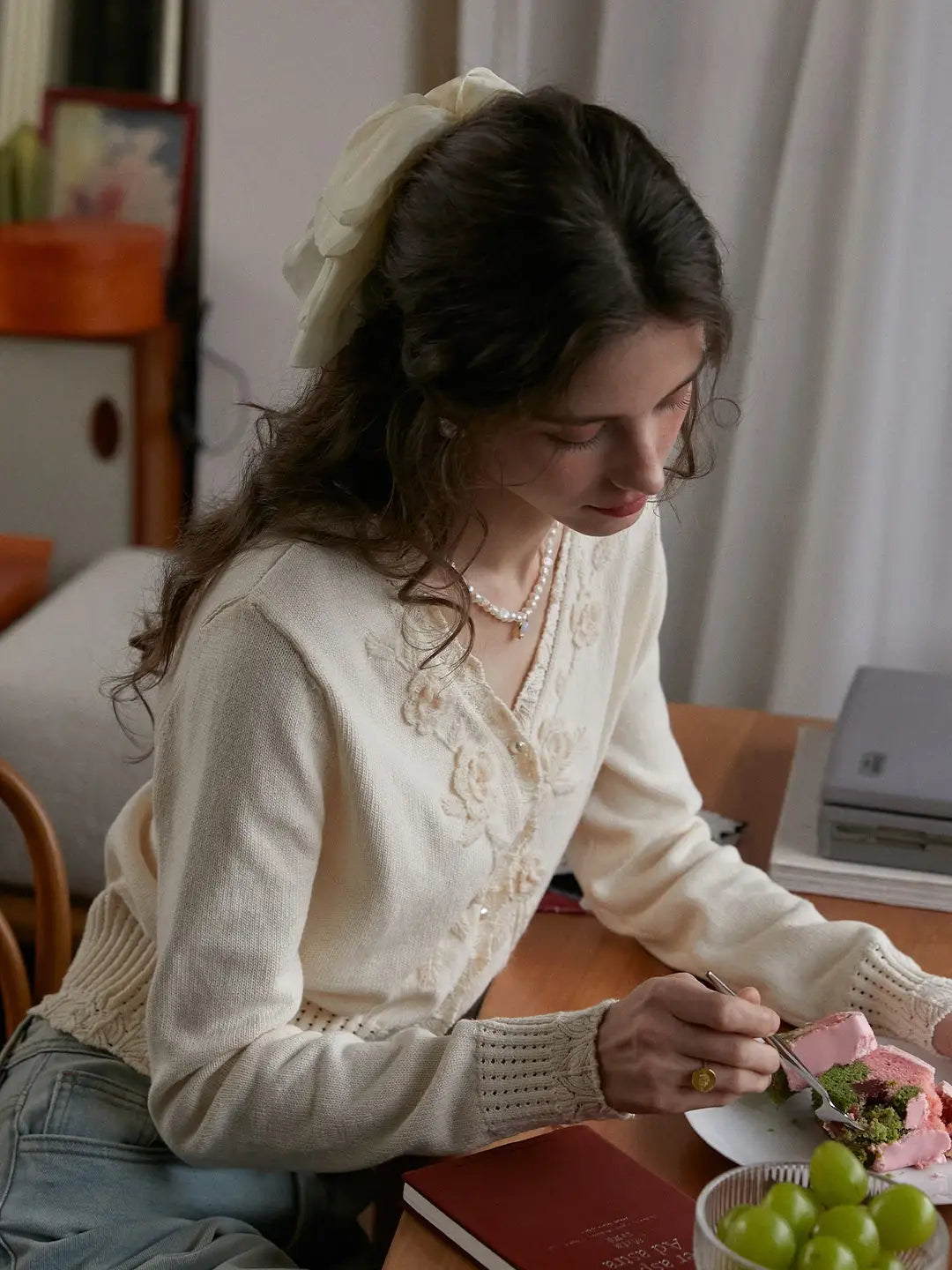 Eleanora V-Neck 3D Rose Cardigan