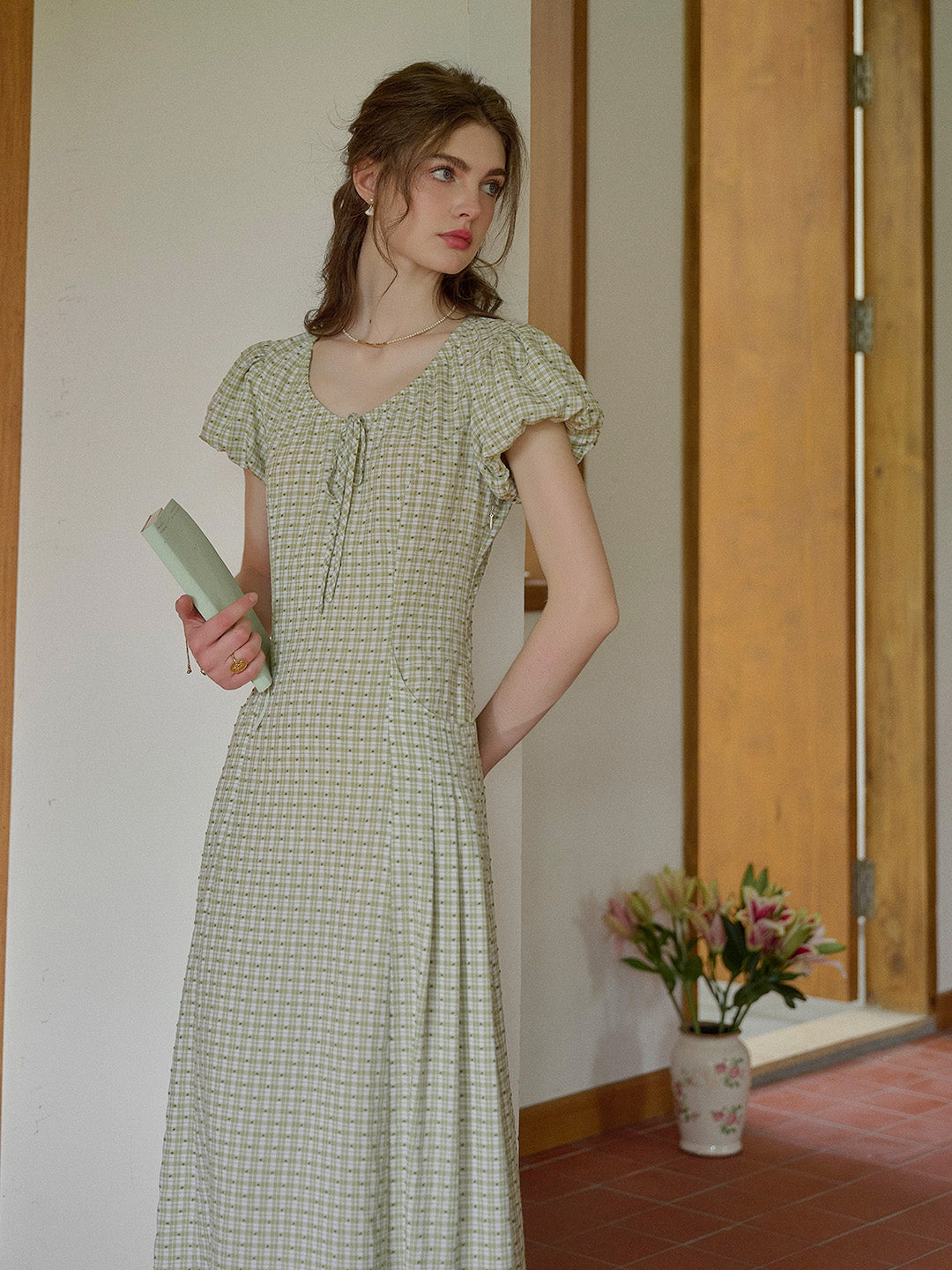 Willow Round Neck Plaid Puff Sleeve Viscose Dress - Yellow