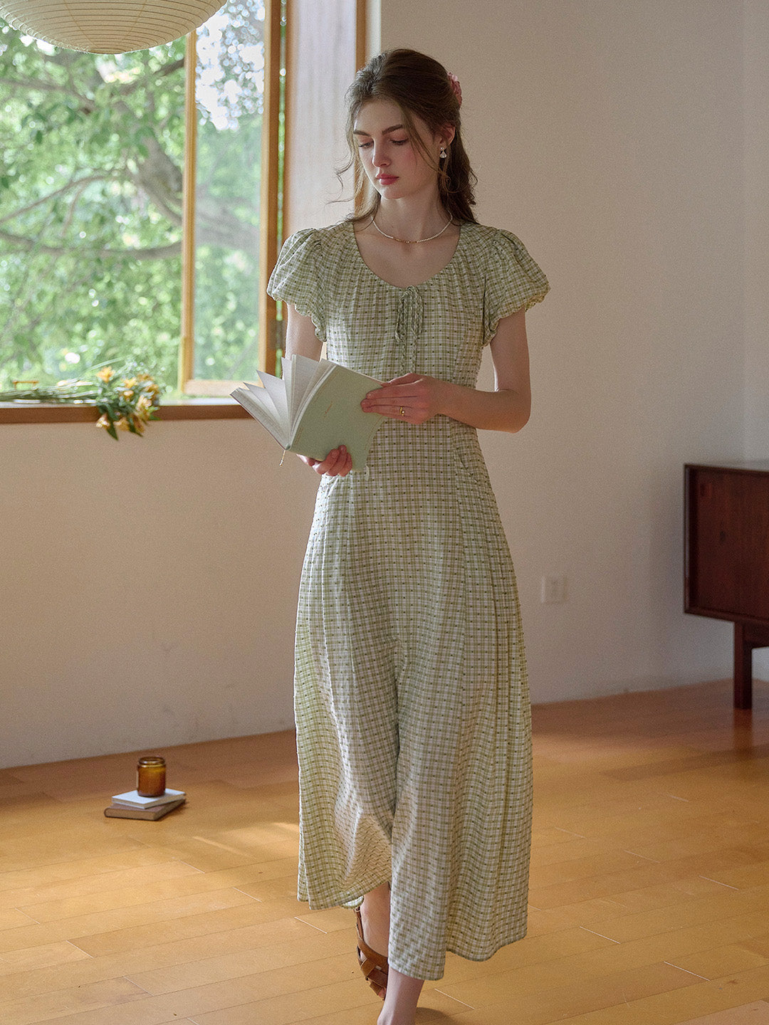 Willow Round Neck Plaid Puff Sleeve Viscose Dress - Yellow