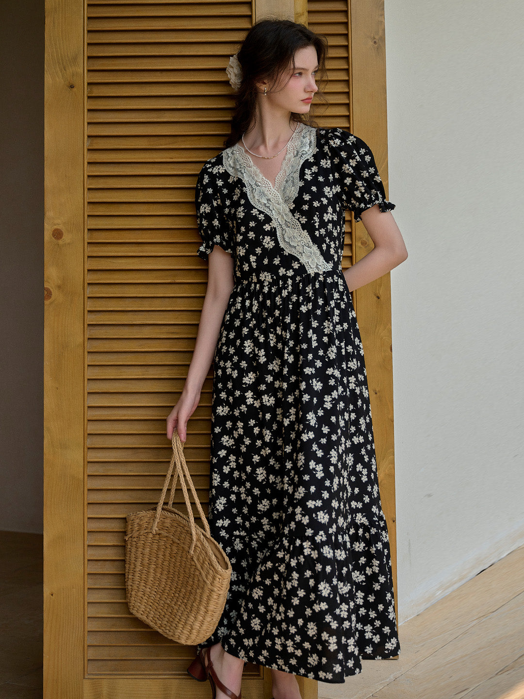 Lilith Ruffle V-Neck Lace Floral Dress