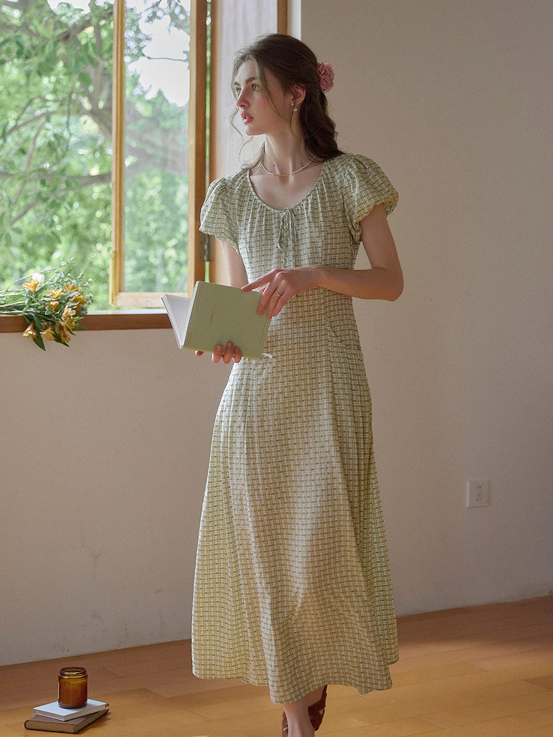 Willow Round Neck Plaid Puff Sleeve Viscose Dress - Yellow