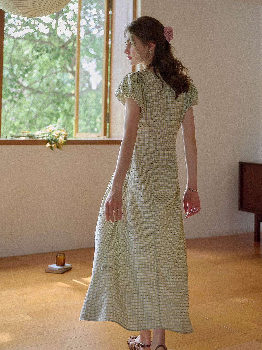 Willow Round Neck Plaid Puff Sleeve Viscose Dress - Yellow