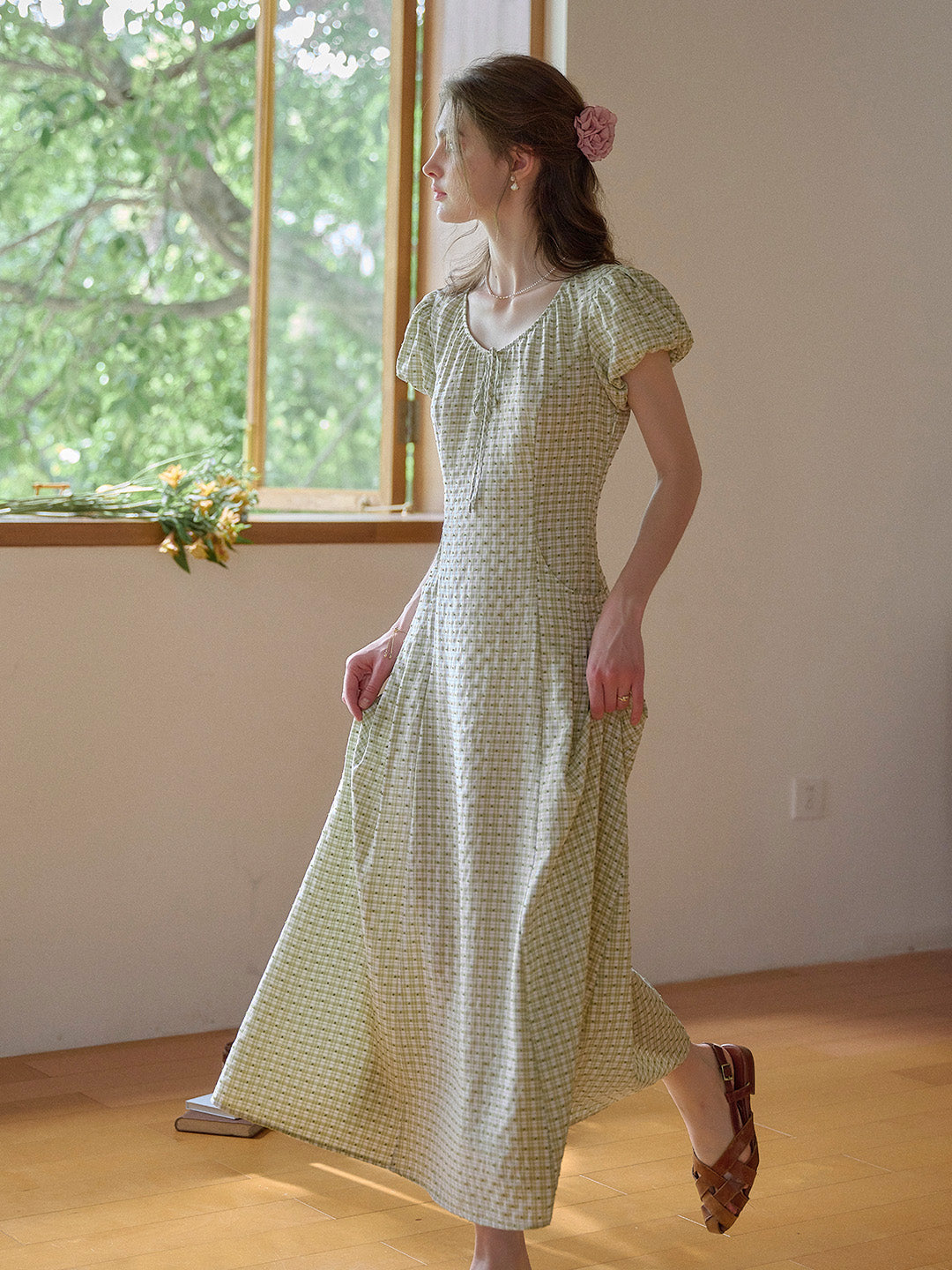 Willow Round Neck Plaid Puff Sleeve Viscose Dress - Yellow