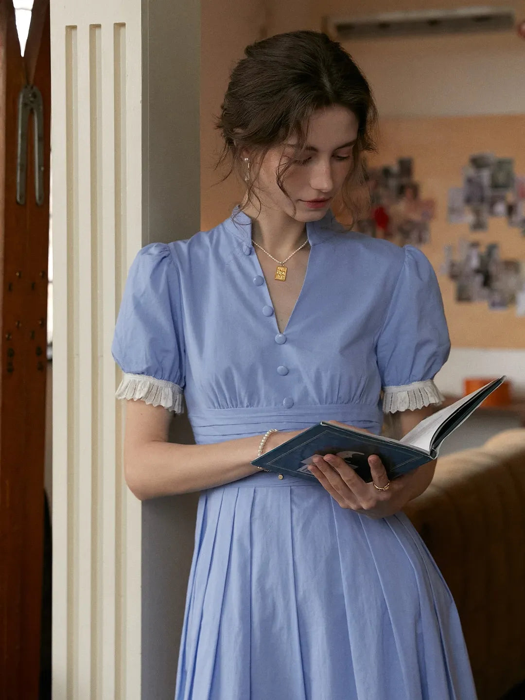 Ocean V-Neck Puff Sleeves Dress