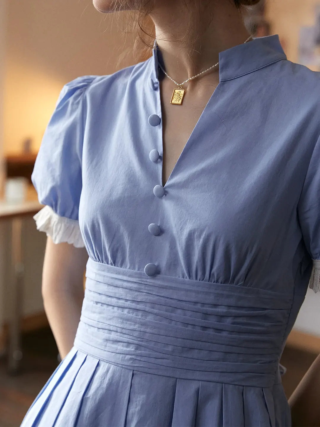 cotton dress with sleeves Ocean V-Neck Puff Sleeves 100% Cotton Dress