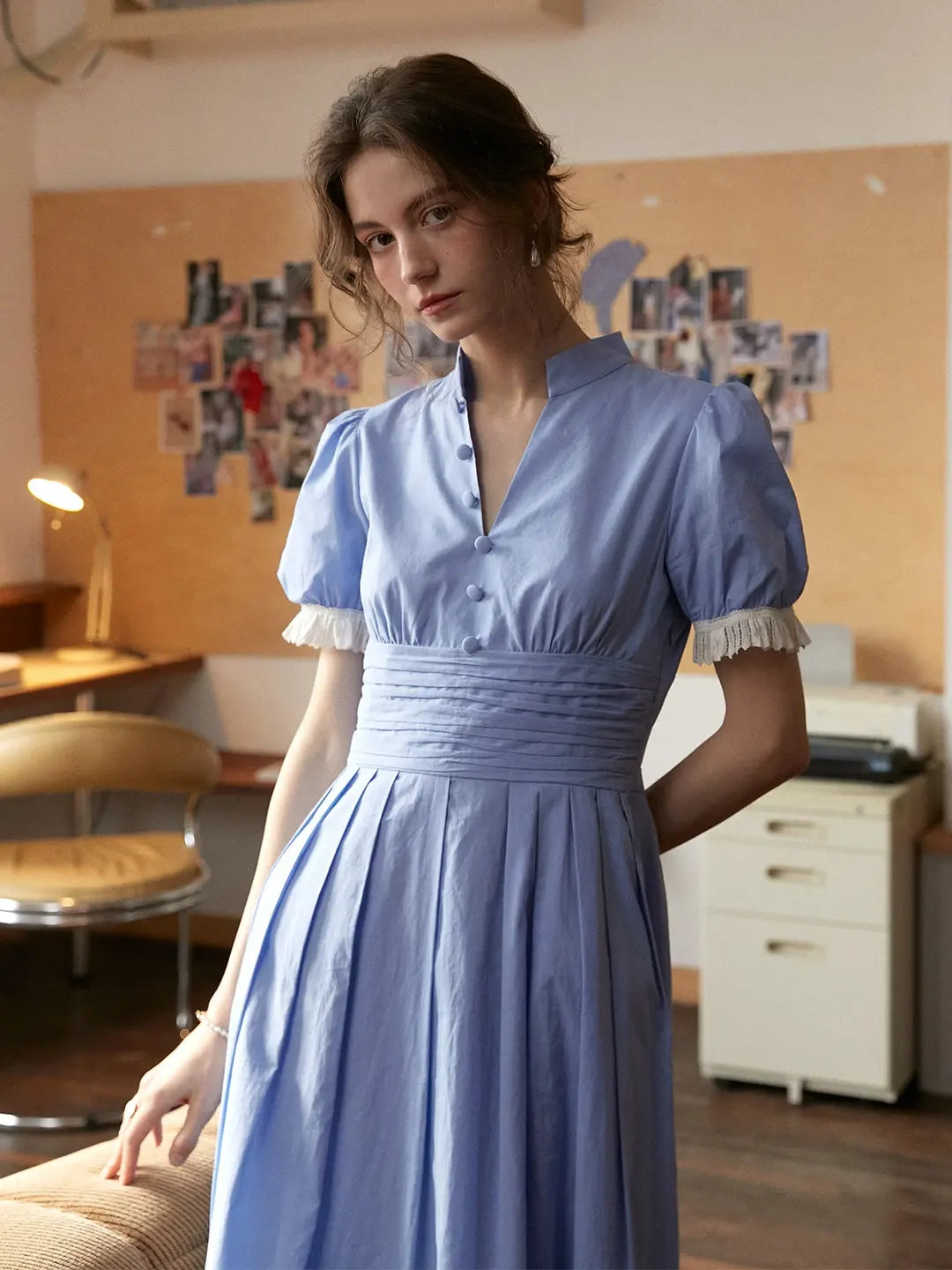 Ocean V-Neck Puff Sleeves 100% Cotton Dress, Blue / S Ocean V-Neck Puff Sleeves 100% Cotton Dress, Blue / S