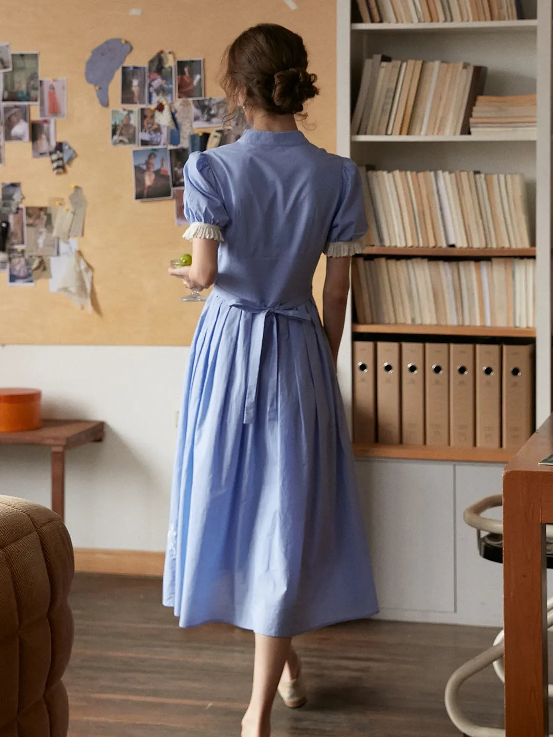 Ocean V-Neck Puff Sleeves 100% Cotton Dress, Blue / XS Ocean V-Neck Puff Sleeves 100% Cotton Dress, Blue / XS
