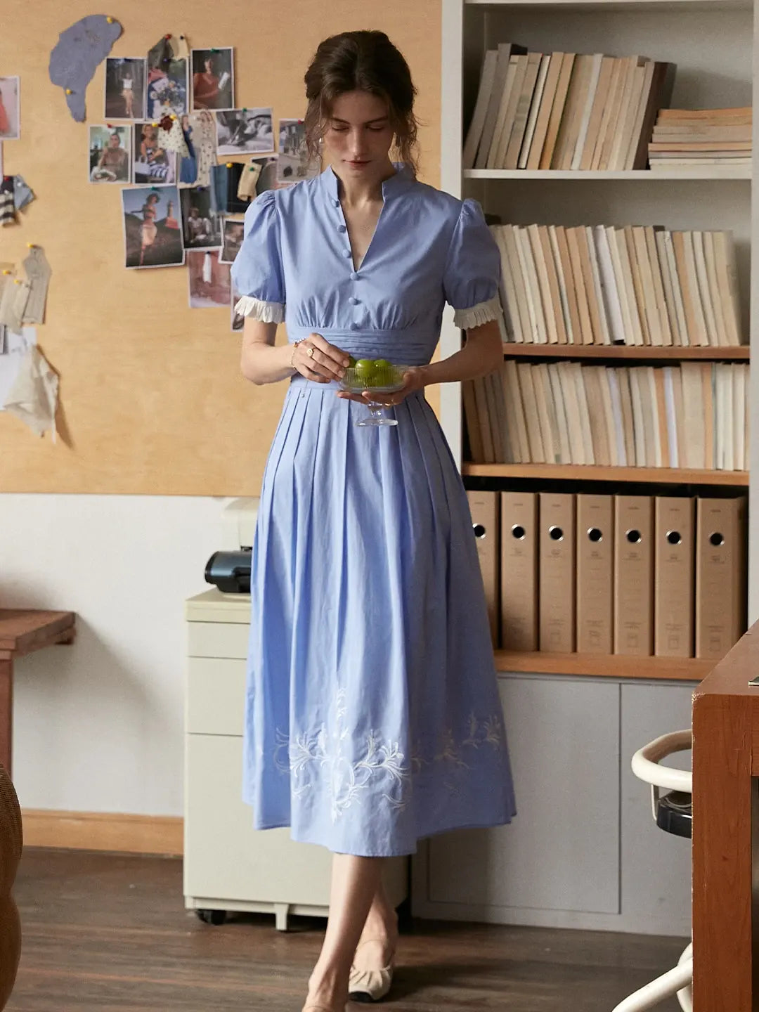 Ocean V-Neck Puff Sleeves Dress