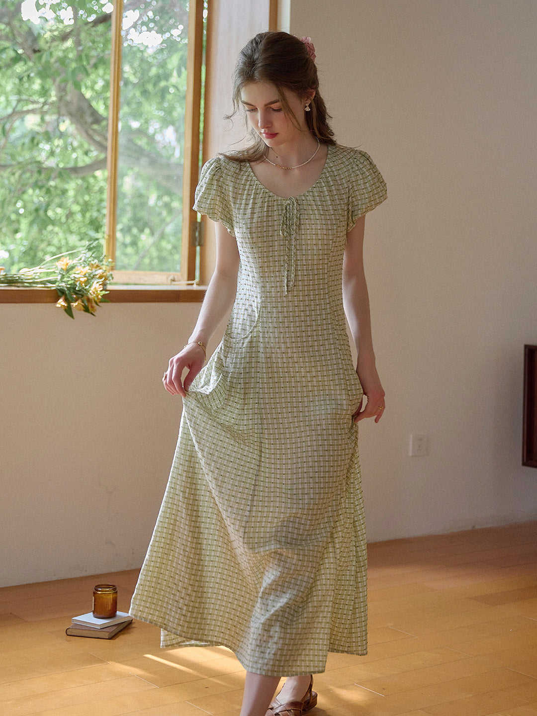 Willow Round Neck Plaid Puff Sleeve Viscose Dress - Yellow