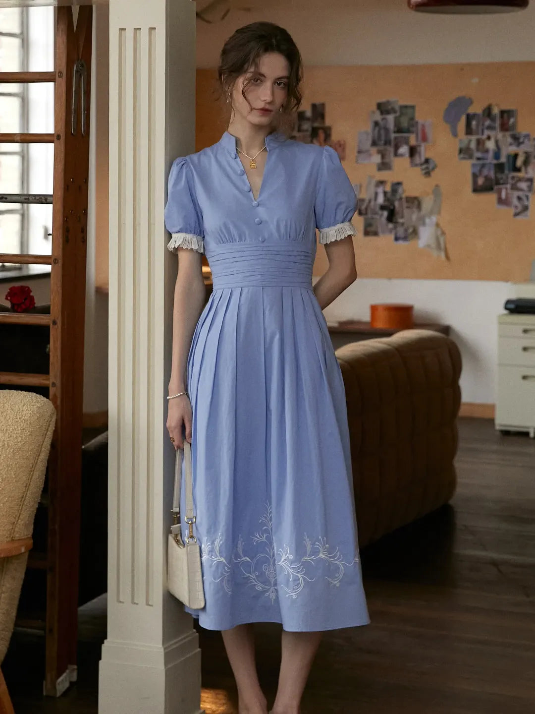 puff sleeve v neck dress Ocean V-Neck Puff Sleeves 100% Cotton Dress, Blue / XS