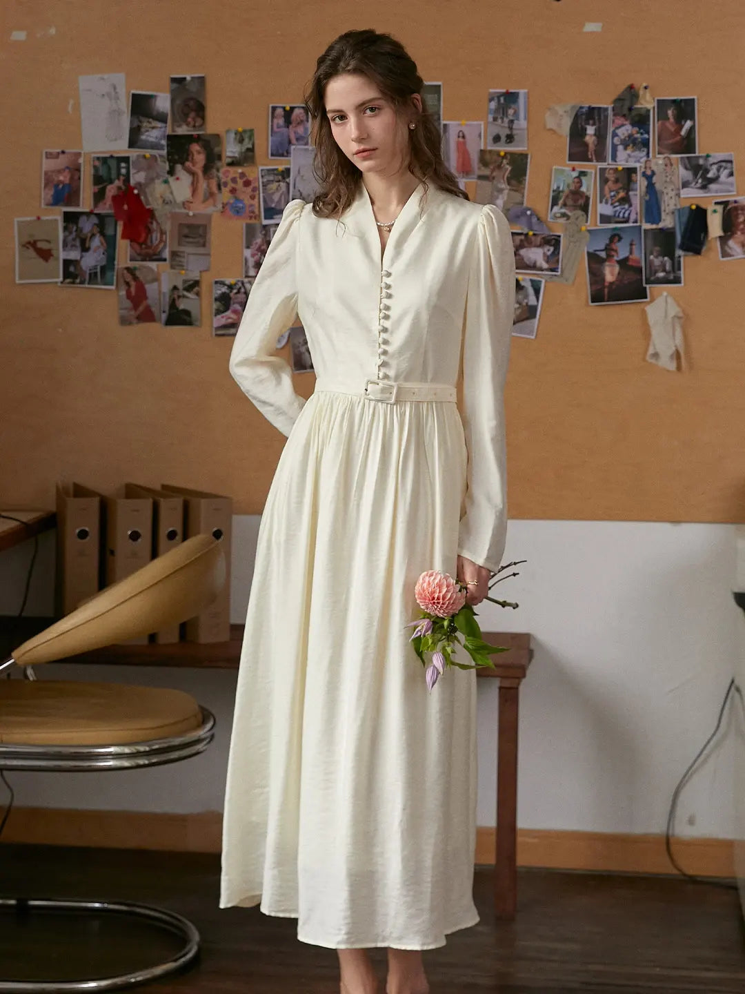 Bridget V-Neck Off White Dress