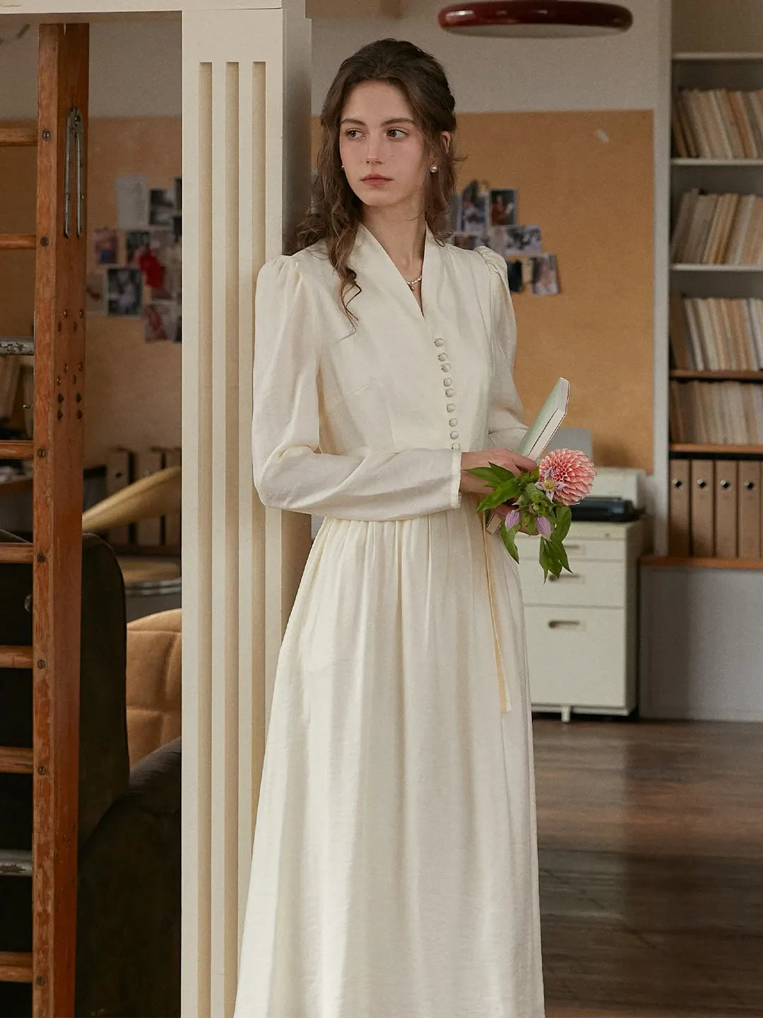 Bridget V-Neck Off White Dress