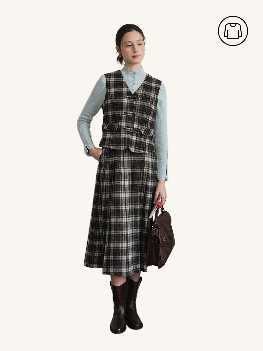 2Pcs Set Zephyrine Double-Breasted Plaid Wool Vest&Zephyrine High-Waist Plaid Midi Skirt