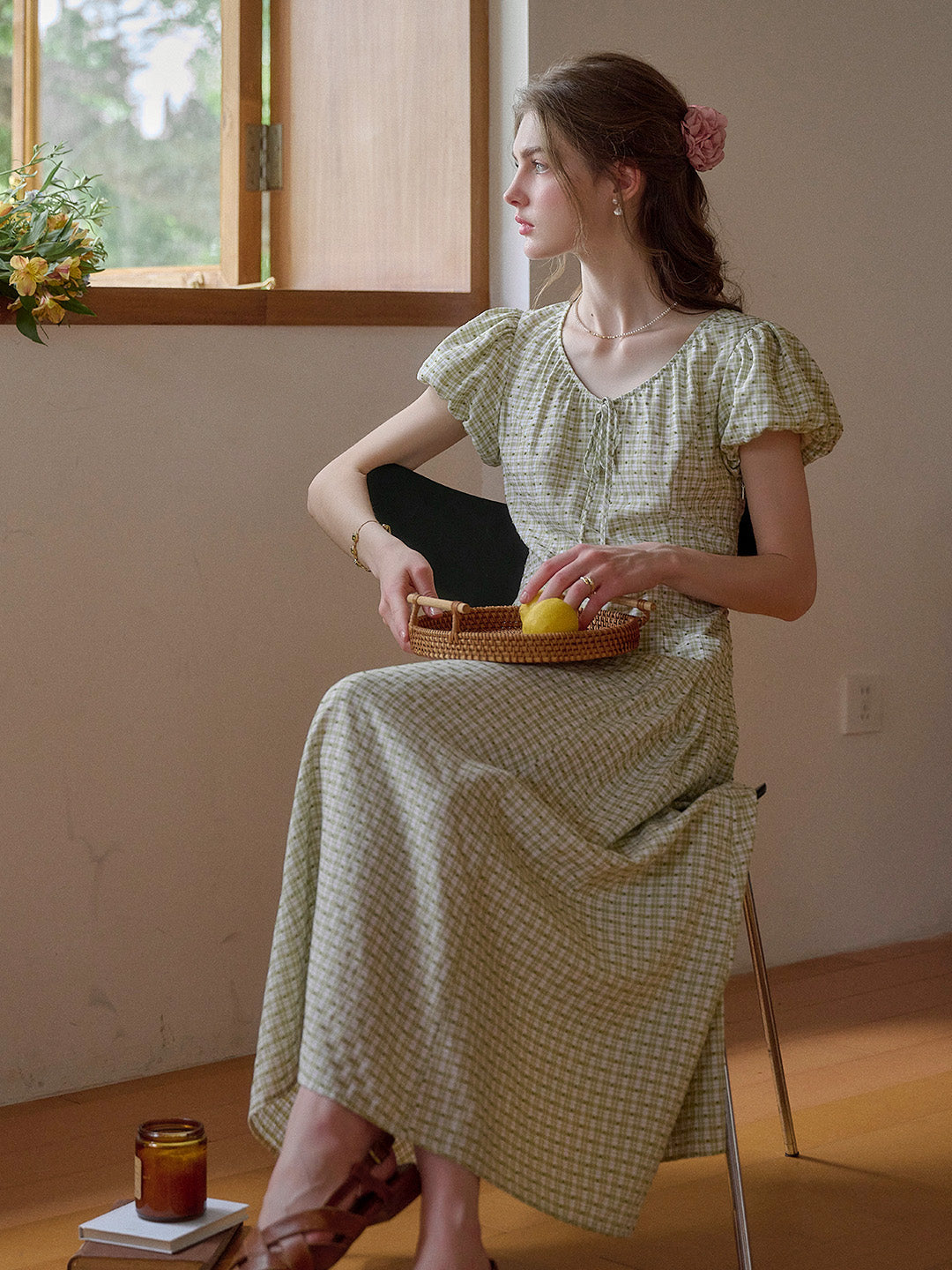 Willow Round Neck Plaid Puff Sleeve Viscose Dress - Yellow