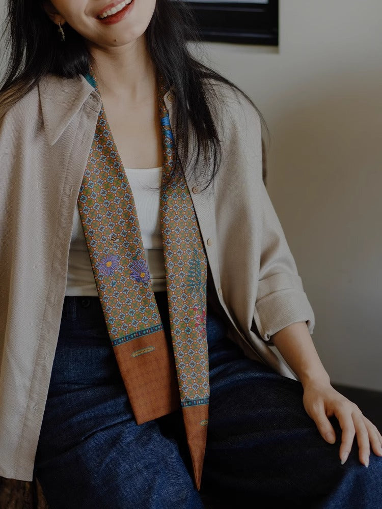 Copy of Chowxiaodou Printed Twill Silk Narrow Scarf-Brown