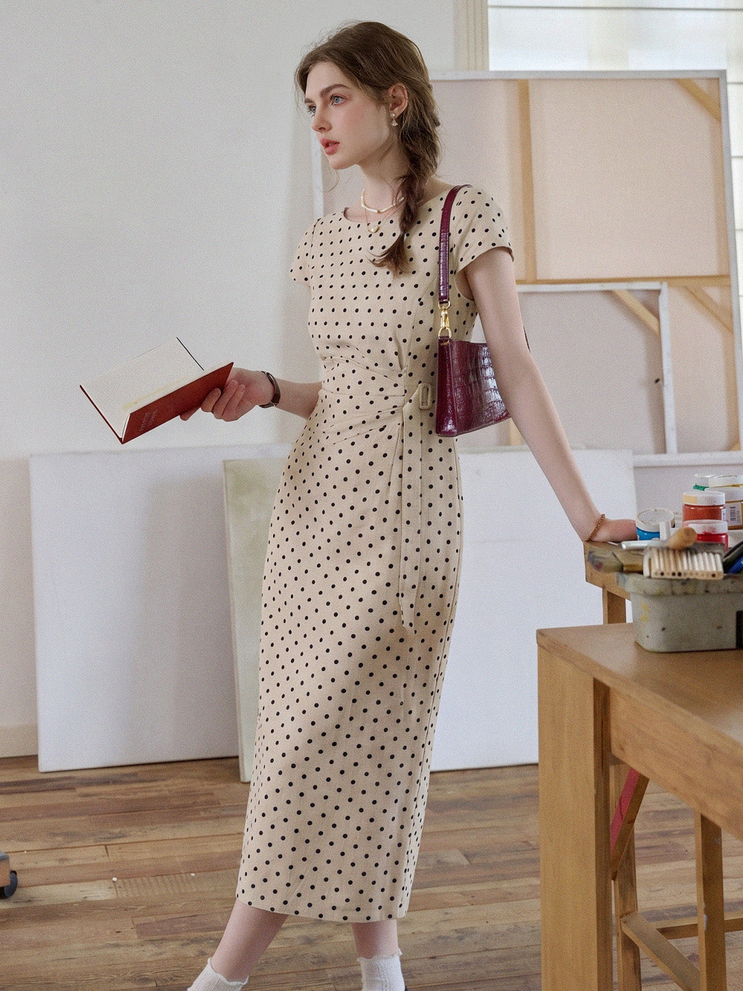 Hebe Round Neck Polka Dot Linen Dress