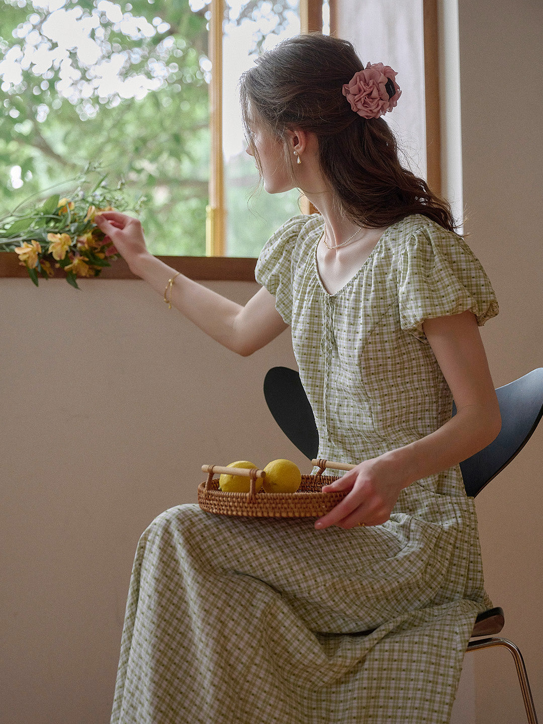 Willow Round Neck Plaid Puff Sleeve Viscose Dress - Yellow