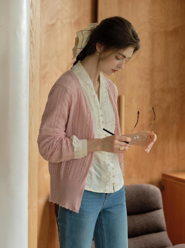 Emma Cable Pink Knit Cardigan