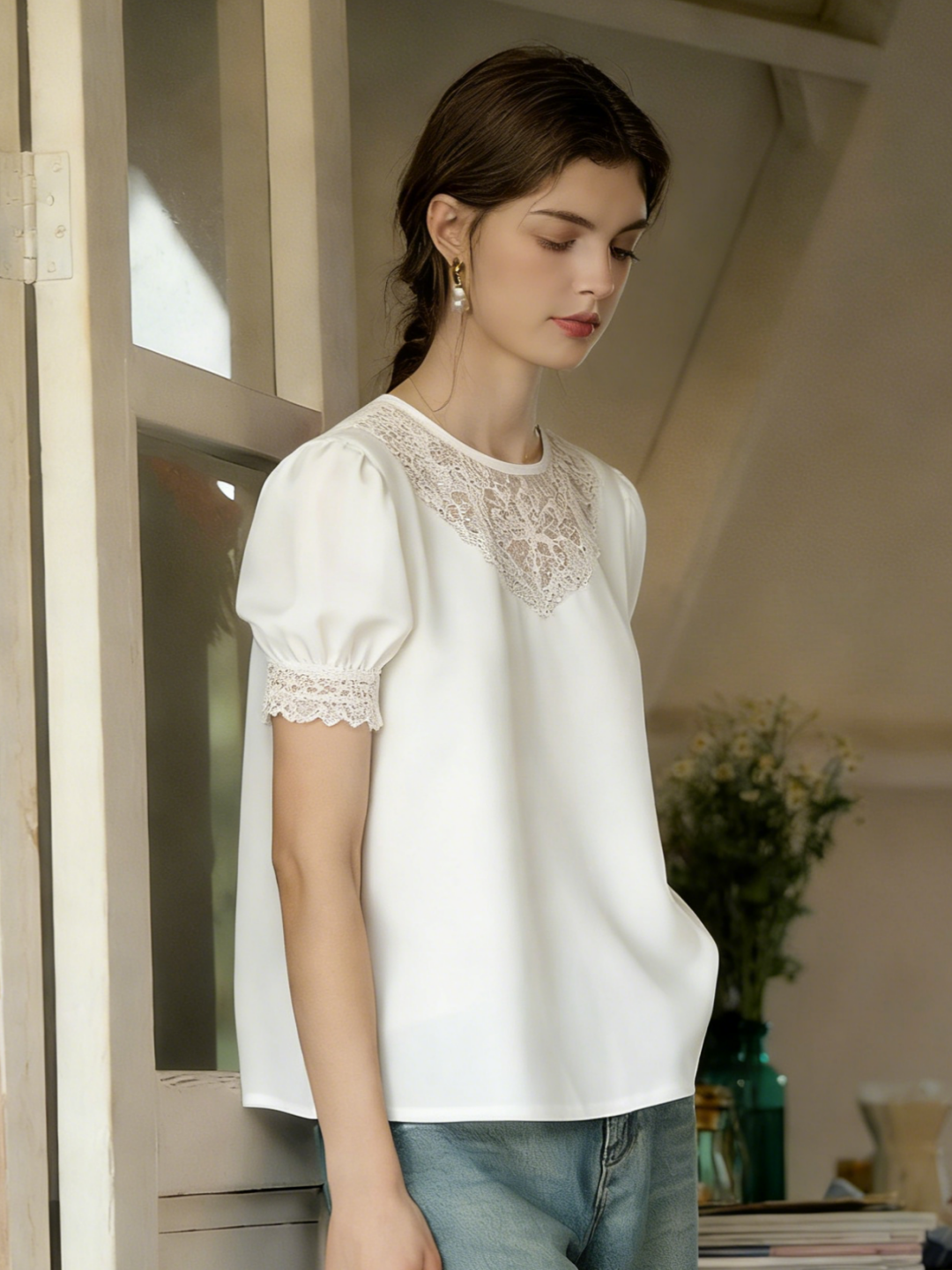 【Final Sale】Khloe Round Neck Mesh Embroidered Puff Sleeve Blouse