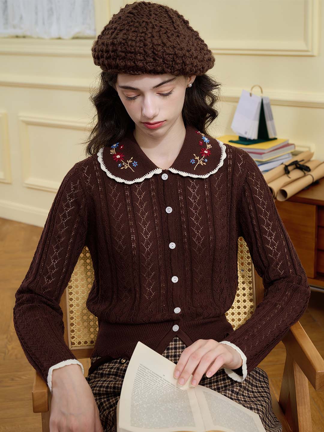 【Final Sale】Shay Peter Pan Collar Embroidered Contrast Cutout Cardigan