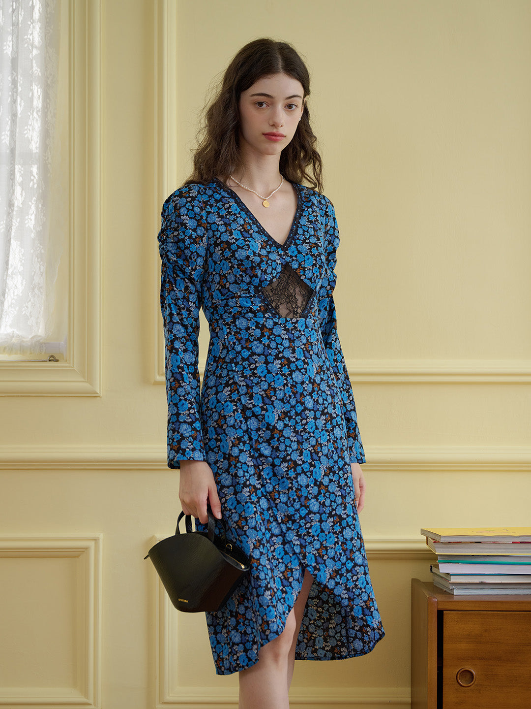 【Final Sale】Kenna V-neck Hollow Lace Paneling Irregular Hem Dress