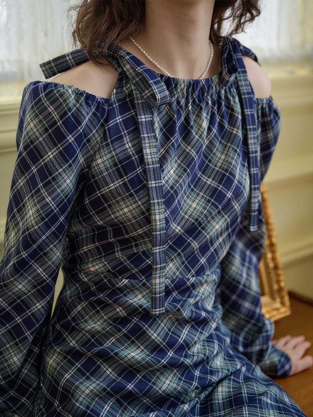 【Final Sale】Emery Plaid Print Cold Shoulder Knot Detail Dress