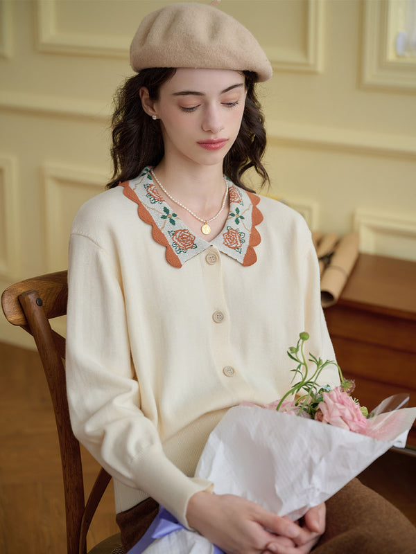 【Final Sale】Lillian Floral Embroidered Wave Collar Contrast Knitted Cardigan